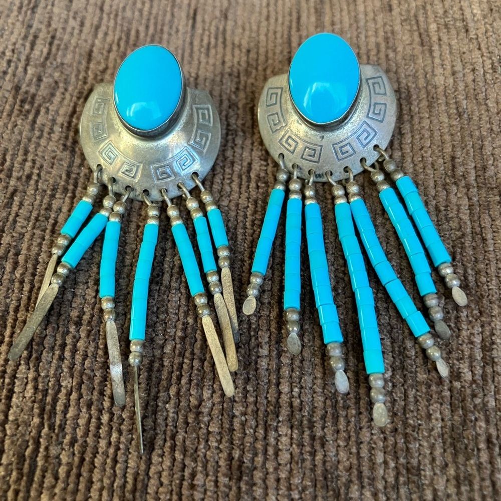 Native American  Vintage TK  Signed Turquoise and Silver Dangle Earrings